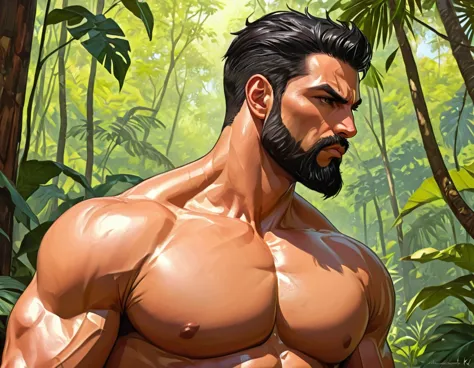 (((side view))),((profile engle)), ((man in profile)), angry, inflamed, against the backdrop of a tropical forest, 
 Adult, Ital...