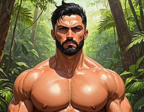 (((side view))),((profile engle)), ((man in profile)), angry, inflamed, against the backdrop of a tropical forest, 
 Adult, Ital...