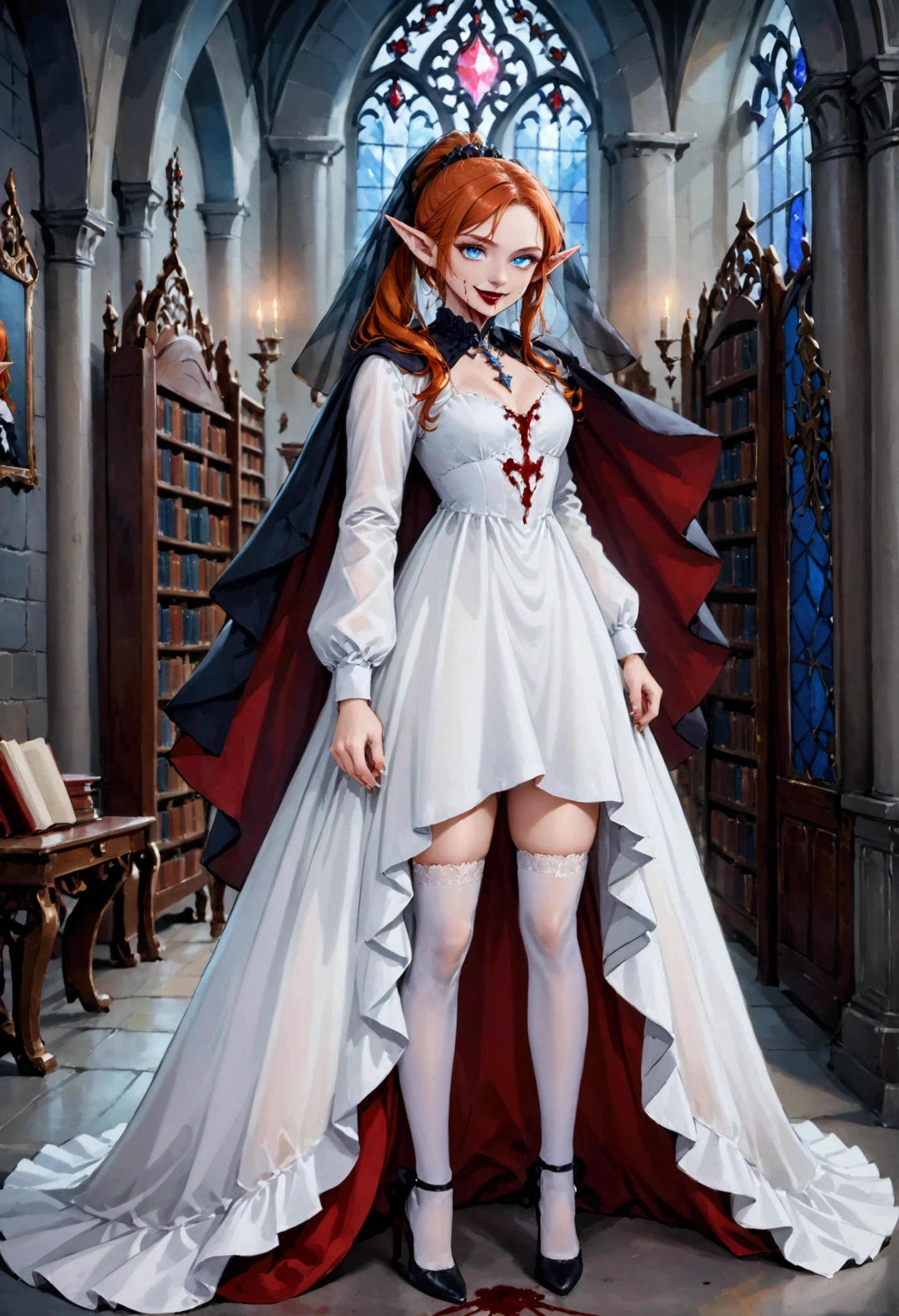 arafed a picture of elf vampire in her castle. an exquisite beautiful female elf vampire (ultra details, Masterpiece, best quality), full body, ((anatomically correct: 1.5) bloody mouth, orange hair, pale skin, hair in a ponytail, long hair, blue eyes, (small pointed ears: 1.2), cold eyes, smirking, wearing white dress (ultra details, Masterpiece, best quality), red cloak, wearing high heels, in dark fantasy library, book shelves, vibrant, Ultra-high resolution, High Contrast, (masterpiece:1.5), highest quality, Best aesthetics), best details, best quality, highres, ultra wide angle, 16k, [ultra detailed], masterpiece, best quality, (extremely detailed) RAW, dark fantasy art, gothic art, wearing Haute_Couture designer dress, Dark Novel, Dark Art Painting Style, dripping blood, hud_s1n, short black dress, long sleeves, veil, thighhighs, digital painting