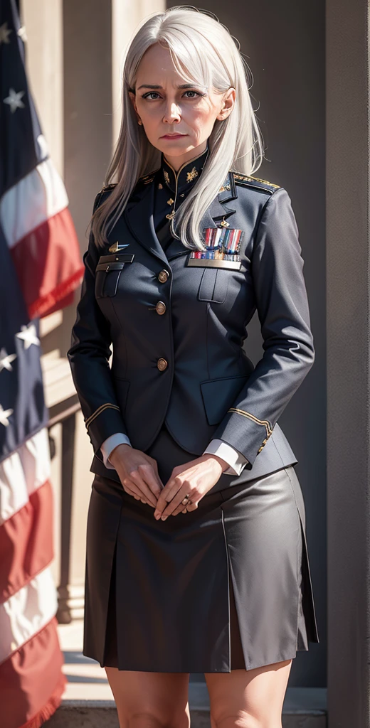 Standing proudly beneath the broad stripes and bright stars of the American flag, the female president projects an image of resilience and leadership. Her short silver-white hair catches the light, adding a distinguished aura to her presence. Clad in a formal black suit and skirt, she embodies the authority and dignity of her office. With an expression of determination and resolve, she addresses the nation or perhaps observes a solemn ceremony, the flag serving as a symbol of the country she serves and the values she upholds.