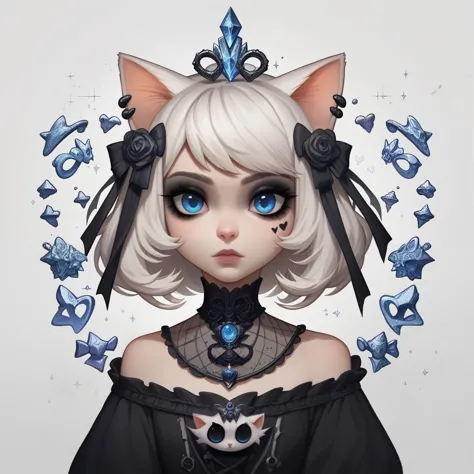 score_9,score_8_up,score_7_up,score_6_up, cute cat, white hair, blue eyes, goth fashion, gothic scene, glitter, whimsical, encha...