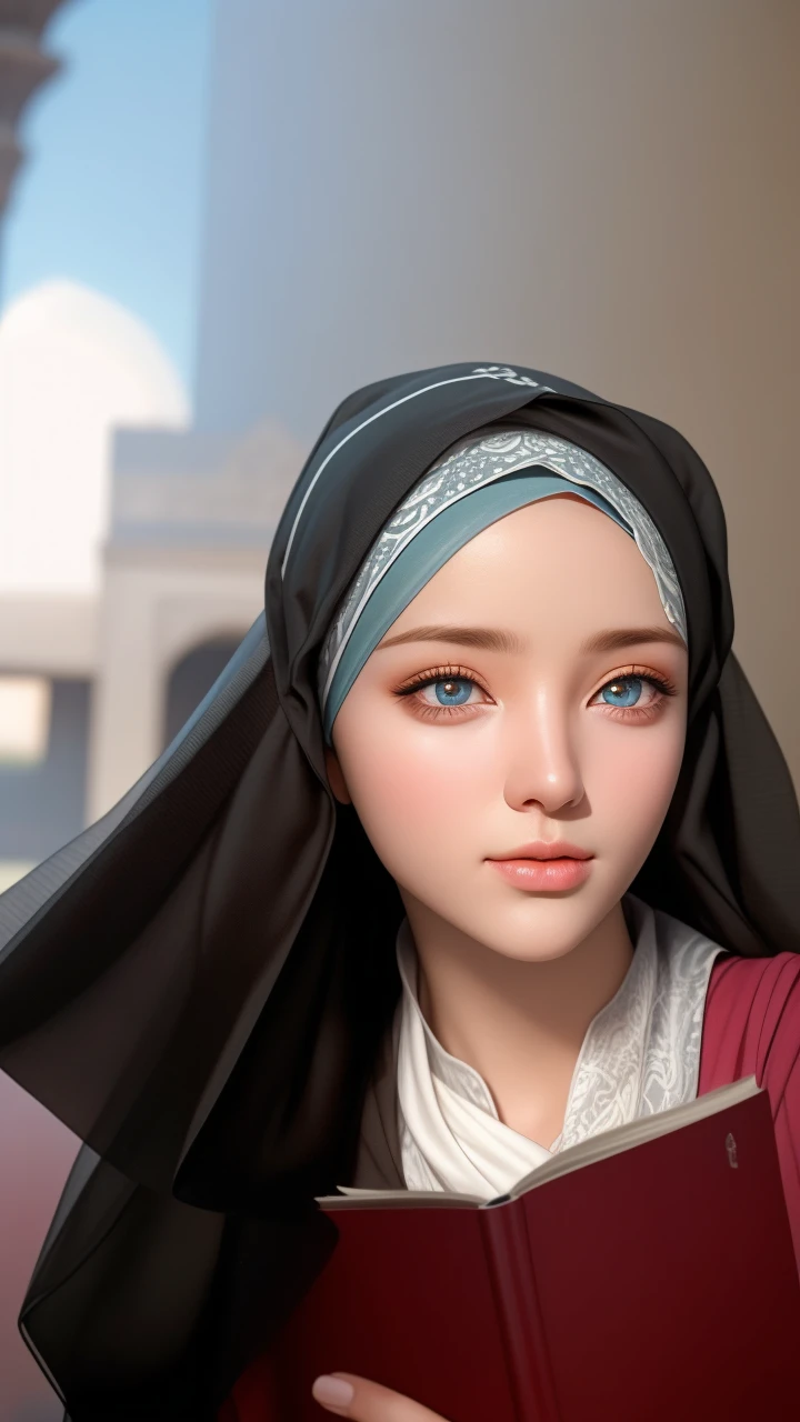 1girl, solo, beautiful face, high detailed realistic eyes, double eyelids, high detailed realistic pupils, (upon body from head to waist:1.36), (wearing hijab:1.37), (moslem headscarf:1.37), reading glasses, sitting alone on a long chair, amazing mosque park background, taj mahal, best quality, masterpiece, highres, black and white moslem female dress, Beautiful face, (upon body from head to waist:1.35), tyndall effect, photorealistic, dark studio, two tone lighting, 8k uhd, dslr, soft lighting, high quality, volumetric lighting, candid, Photograph, high resolution, 4k, 8k, Bokeh, (hyperrealistic girl), (illustration), (high resolution), (extremely detailed), (best illustration), (beautiful detailed eyes), (best quality), (ultra-detailed), (masterpiece), (wallpaper), (photorealistic), (natural light), (rim lighting), (detailed face), (high detailed realistic skin face texture), (anatomically correct), (heterochromic eyes), (detailed eyes), (sparkling eyes), (dynamic pose), (hair completely covered by the hijab:1.35), looking to viewer, muslim clothing 