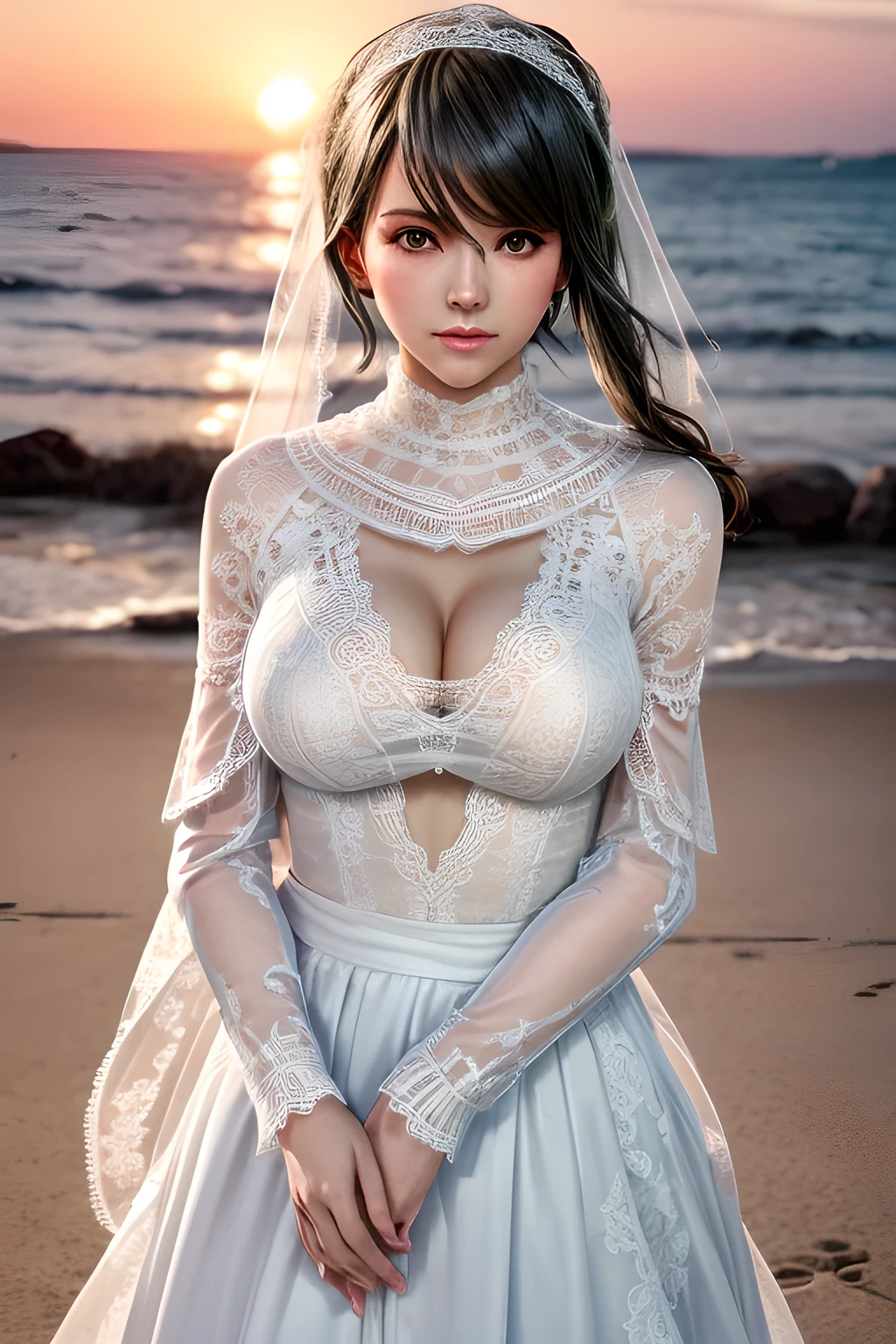 1girl , wearing a wedding dress with (a sweetheart neckline on the upper part:0.9),( a beautiful lace shawl:1.3), and long sleeves that add to her elegance,outdoors,At the seaside at sunset,huge breasts,Tamaki,