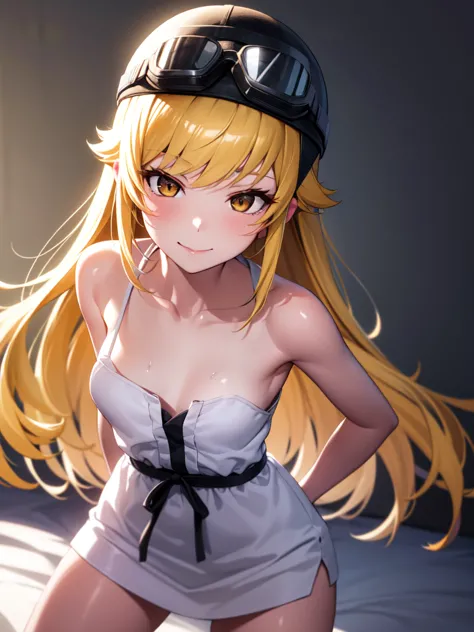 oshinoshinobu, oshinoshinobu, helmet, goggles, strap slip, goggles on head, 8k, masterpiece, absurd, anime, long hair, bangs, bl...