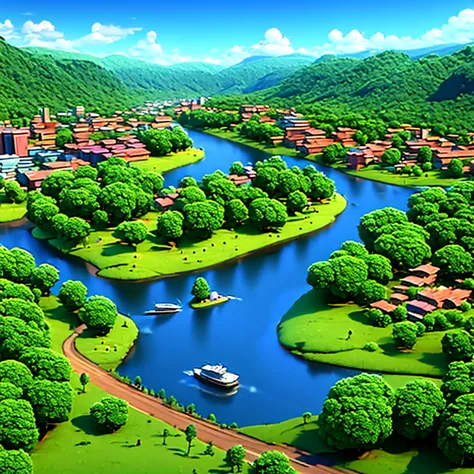 urban city with forest on the side. river divides the city from the forest. many animals in the forest, ounce, elephants, birds....