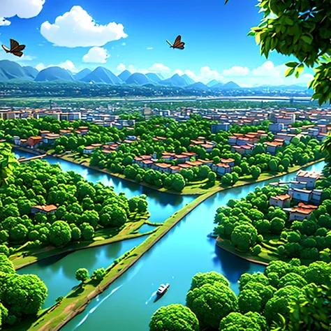 urban city with forest on the side. river divides the city from the forest. many animals in the forest, ounce, elephants, birds....