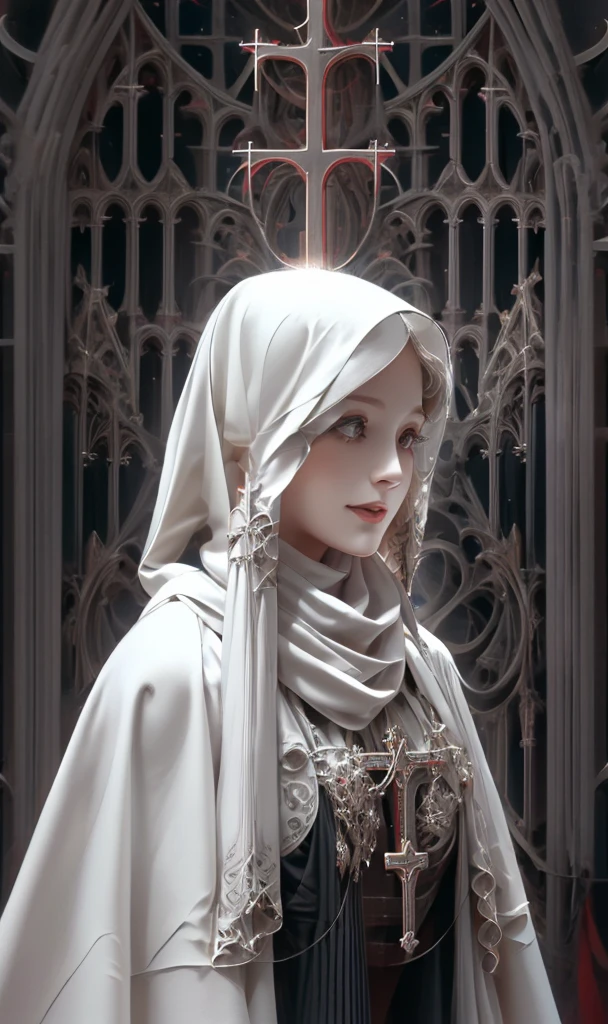 《goddess》, Gothic Style, Dark white and light red, Highly detailed illustration, Ultra-high definition images, Gorgeous costume details, Complex clothing, (cathedral:1.6)(Beautiful and clear background:1.4), (Transparent eye mask:1.1), (scarf:1.3),Long Hair, High resolution, smile, Medieval dress