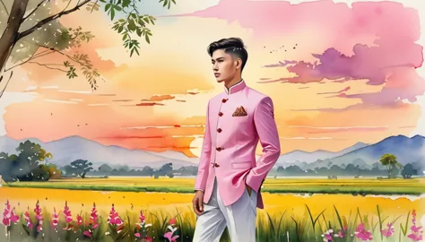 candid fashion illustration of sad young man 27 year old, adorned in a meticulously crafted north thai traditional outfits, lamp...