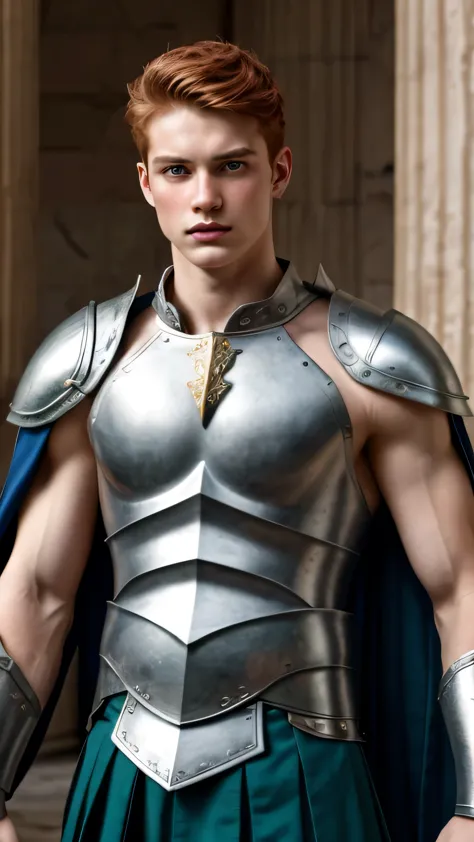 Portrait, 1boy, 20 years old, armor, warrior, bbreastplate armor, cape, armor shoulder pads, beuatiful armor, roman warrior skir...