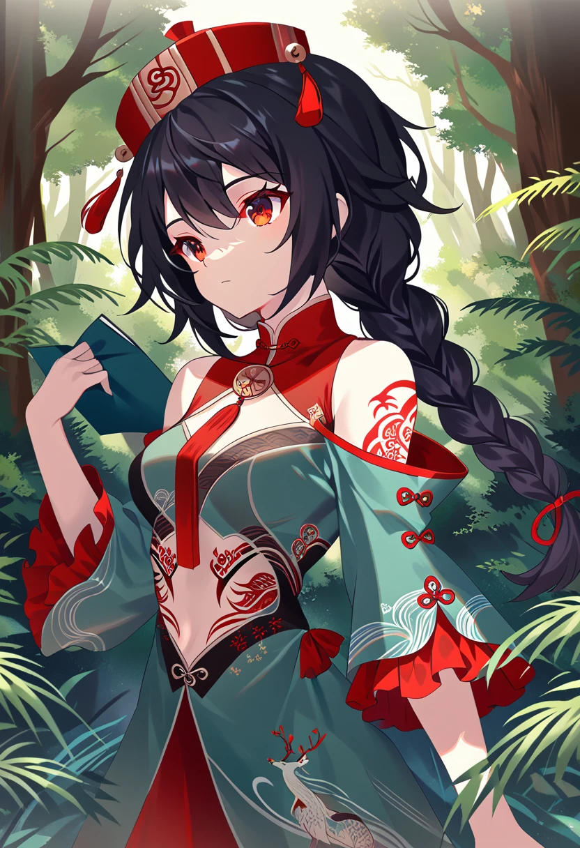 BREAK Perfect Anatomy、(High resolution:1.2)、Incredible illustrations、(Cute illustrations:1.2)、() （Beautiful background(forest)) 1 girl(Black hair, long hair, single braid, red eyes,tattoos, )(young adult woman:2.0)
Long ruffled sleeves, jiangshi cheongsam dress