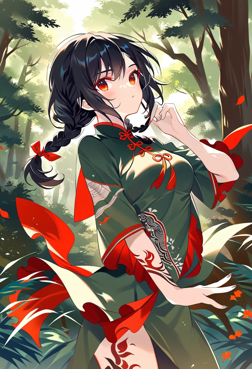 BREAK Perfect Anatomy、(High resolution:1.2)、Incredible illustrations、(Cute illustrations:1.2)、() （Beautiful background(forest)) 1 girl(Black hair, long hair, single braid, red eyes,tattoos, )(young adult woman:2.0)
Long ruffled sleeves, jiangshi cheongsam dress