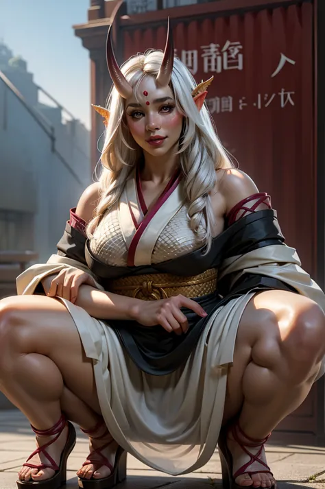 beautiful asian oni female warrior, wearing fishnet of shoulder kimono, squatting down with thick curvy mature body yet muscular...
