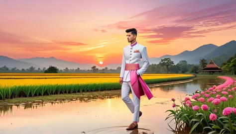 candid fashion illustration of young man 27 year old, adorned in a meticulously crafted north thai traditional outfits, lampang,...