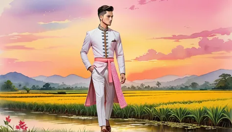 candid fashion illustration of young man 27 year old, adorned in a meticulously crafted north thai traditional outfits, lampang,...