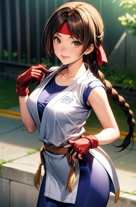 perfect eyes:1.2, detailed eyes:1.4, yurims, headband, ass, blue pantyhose, braided ponytail, brown hair, brown eyes, smile, dou...