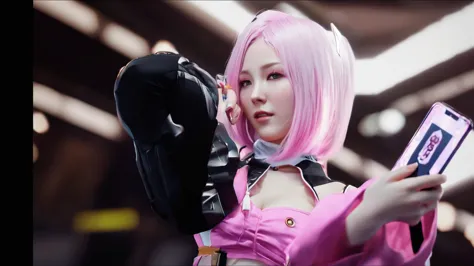 anime girl with pink hair and pink makeup holding a cell phone, dead or alive 6, as a character in tekken, from the azur lane vi...