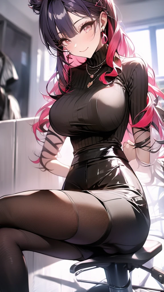 high tail hairstyle, Ponytail hairstyle, Long wavy black hair, standing posing, anime girl style, pixel art anime style,penetrating look with deep eyes,red and purple eyes, hair with a ponytail hairstyle trapped with a big red bun, women, red hair clips, x color shaped hair clips , smiling face blush, next to his bed, lingerie, tank top, Black hair, mini skirt, big thighs,