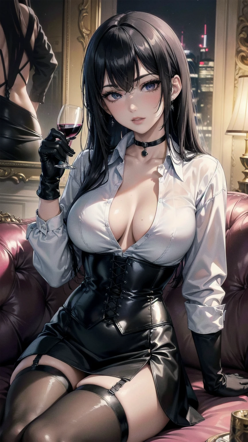  masterpiece, Superior image quality, High resolution, 4k image,photo and gross, photorealistic, whole body, 1 young teen girl, sitting, {{{vagina}}}, beautiful face, long black hair, black eyes, very detailed eyes, pink cheeks, serious expression, choker:1.6, (white collar button down long sleeve shirt), black gloves, gloves that cover hands, holds a glass of wine, (black leather corset), (shiny black miniskirt), Sensual Lips, show details in the eyes, View from the front, looking at the viewer, sitting en una silla elegante, Elegant living room, at night