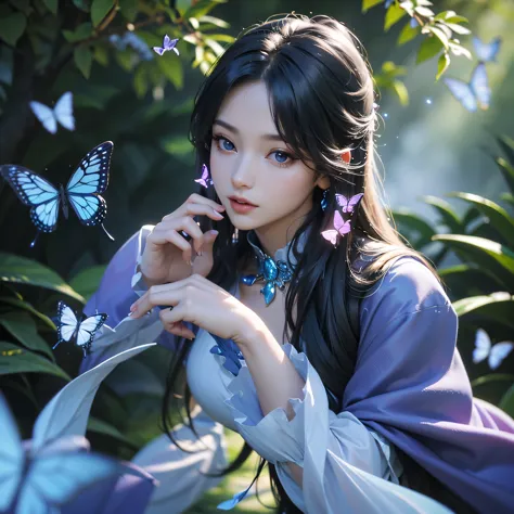 a beautiful fantasy woman in a magical forest, butterflies with purple and blue wings, glowing fireflies, detailed facial featur...