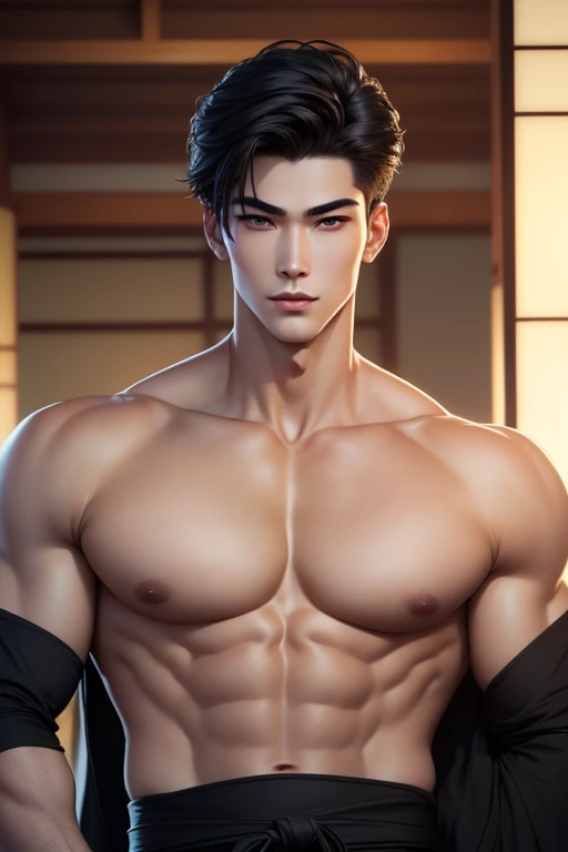 Close-up handsome very Japanese younger males,muscle,super and highly detailes,very 8k((absurdres, highres, ultra detailed)handsome, tall muscular Anime young man Japanese man full body figure kinda brawny muscular with black hair studious student likewithout glases in a very japanes yukatalooking at the camera anime semi realiatic with different strking handsome features looks appearances that are moulded sculpted sculptured chiseled sharp angled angular broad high cheekbones full square jawed large almond shaped eyes light hazel amber or honey colors monolidded eyes barely shoulder length wavy hair dark in a very Japanese Tokyo home almost male model like