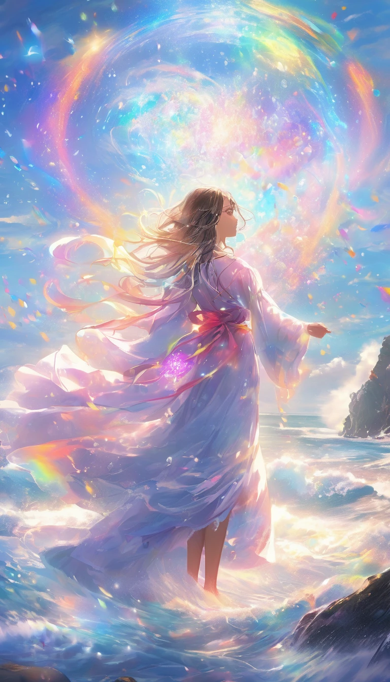 high resolution　masterpiece　Mysterious glowing spell casting girl, ((Fantasy Rainbow Ocean)), Vibrant colors, Great light, Detailed speech bubbles, Magical atmosphere, Nice views, Dreamy atmosphere, Sparkling, Roomy robes, The magic touch, Mysterious Creatures, ((Sparkling waves)), Mystical symbols, Surreal beauty, mist, There&#39;Magic in the air, Magical moments,Mysterious atmosphere, Whimsical Creatures, Full of charm, Fairy, Superpower, Fantasy World