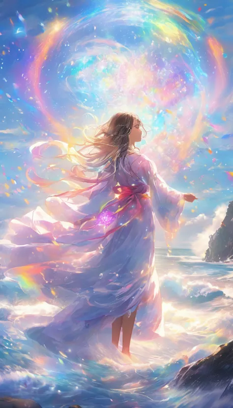 high resolution　masterpiece　Mysterious glowing spell casting girl, ((Fantasy Rainbow Ocean)), Vibrant colors, Great light, Detai...