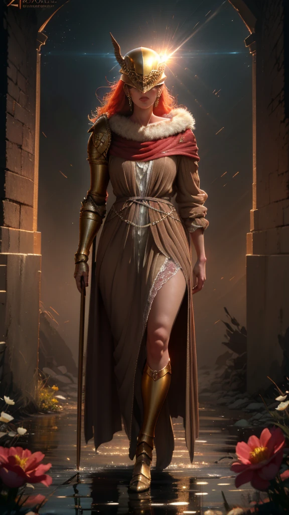 Highly detailed, High Quality, Masterpiece, beautiful, Malenia, prothestic leg, single mechanical arm, prosthesis, armor, cape, helmet, brown dress, sword, holding sword, full body, wide shot, flower, water, solo, sunset, stylebuff, night, (dark environment), Highly detailed, high quality, masterpiece, beautiful, 1 girl, prosthetic leg, single mechanical arm, prosthesis, MaleniaDef, armor, cape, helmet, brown dress, full body, (best quality)), ((masterpiece: 1.2) ), (extremely detailed: 1.1), (8k, high quality, cinematic, hyper realistic, illustration), (autodesk maya, octane rendering, unreal engine, game character, ray tracing, hdr), (16mm focal length , f/4 aperture, dynamic perspective, depth of field), (1 girl, dynamic angle, casting pose. malenia, long bright red hair like blood, brown thorn-woven dress, single mechanical arm, prosthetic leg, prosthesis, boots of battle. Cloak of blood, underlying golden armor, valley of withered flowers, ancient sculptures around it), 3d, realistic, CG, 3D model, beautiful, elegant, confident, (hdri, bloom, edge lighting, soft lighting, discreet), zhongfenghua, delicate\(armor\) ancient robe, golden helmet, mage_glam, caftan,