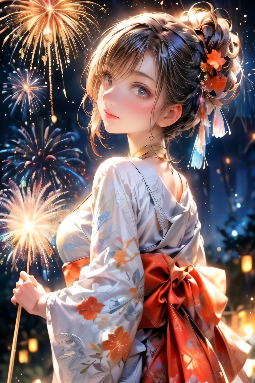 middle breasts, a cute girl in a pretty yukata, bare shoulders, strapless, bright eyes, sparkling pupils, beautiful detailed eyes, beautiful detailed lips, extremely detailed face, long , awe and wonder expression, a cute drawstring bag, large burst of willow fireworks in the summer night sky, (best quality,4k,8k, highres, masterpiece: 1.2), ultra-detailed, (realistic, photorealistic, photo-realistic: 1.37), studio lighting, vivid colors, bokeh, 