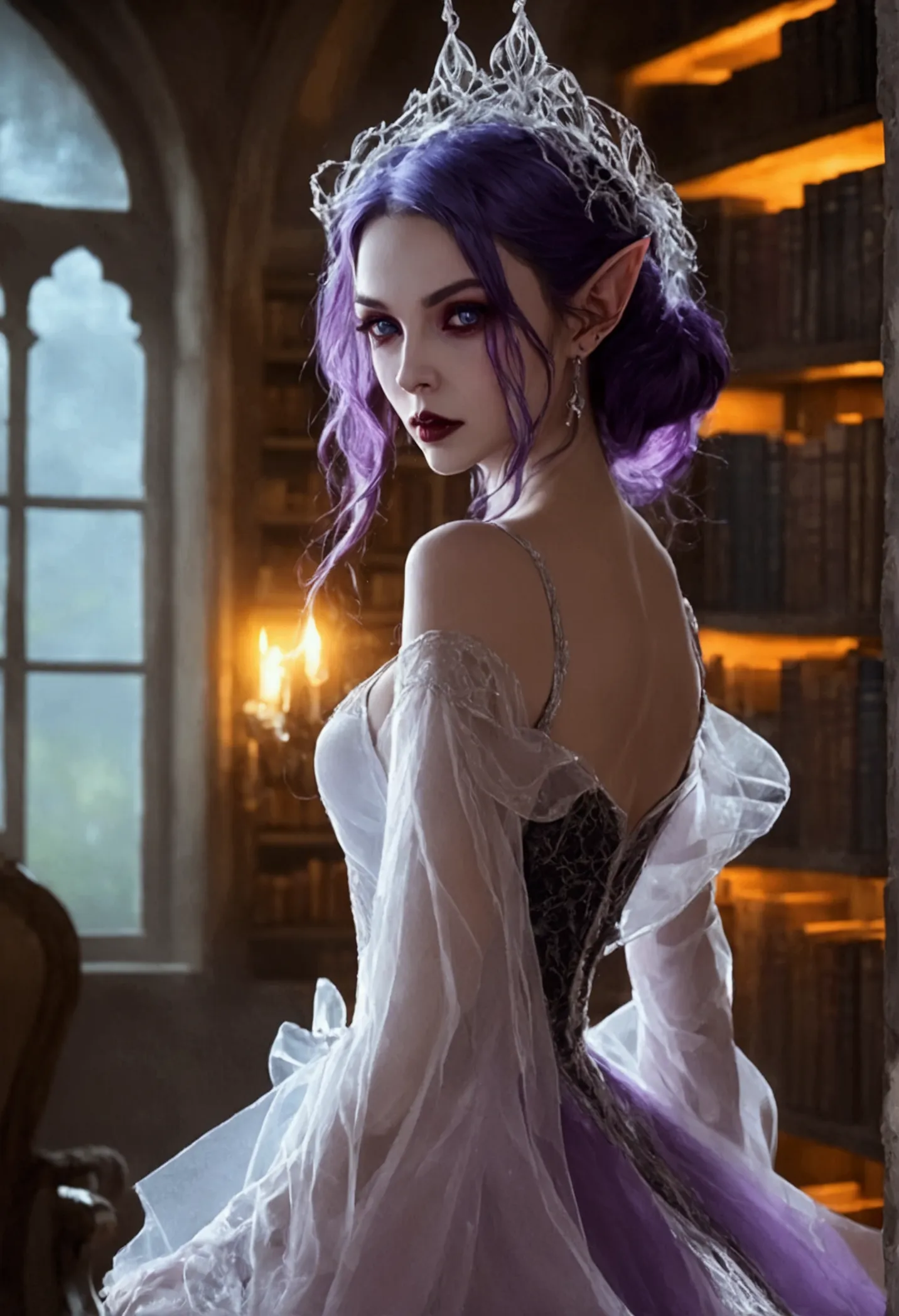 arafed a picture of elf vampire in her castle. an exquisite beautiful female elf vampire (ultra details, Masterpiece, best quali...