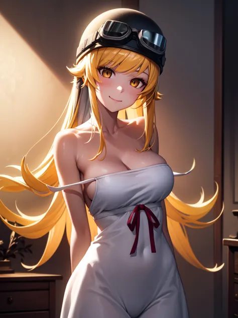 oshinoshinobu, oshinoshinobu, helmet, goggles, strap slip, goggles on head, 8k, masterpiece, absurd, anime, long hair, bangs, bl...