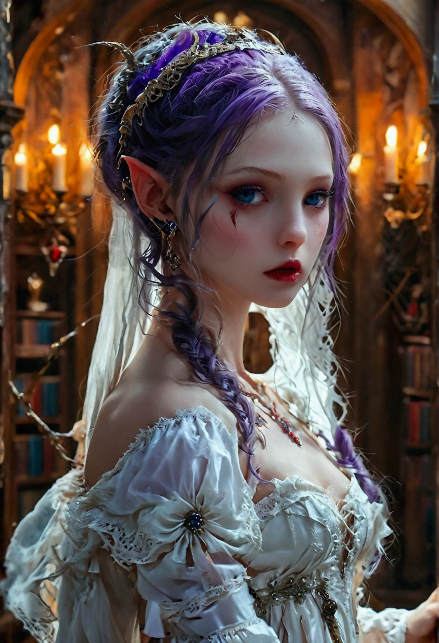 arafed a picture of elf vampire in her castle. an exquisite beautiful female elf vampire (ultra details, Masterpiece, best quality), full body, ((anatomically correct: 1.5) bloody mouth, purple hair, pale skin, hair in a ponytail, long hair, blue eyes, (small pointed ears: 1.2), cold eyes, smirking, wearing white dress (ultra details, Masterpiece, best quality), red cloak, wearing high heels, in dark fantasy library, book shelves, vibrant, Ultra-high resolution, High Contrast, (masterpiece:1.5), highest quality, Best aesthetics), best details, best quality, highres, ultra wide angle, 16k, [ultra detailed], masterpiece, best quality, (extremely detailed) RAW, dark fantasy art, gothic art, wearing Haute_Couture designer dress, Dark Novel, Dark Art Painting Style, dripping blood, hud_s1n, short black dress, long sleeves, veil, thighhighs, digital painting