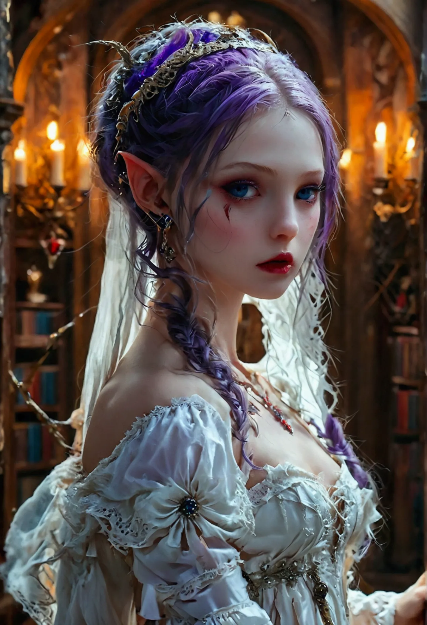 arafed a picture of elf vampire in her castle. an exquisite beautiful female elf vampire (ultra details, masterpiece, best quali...