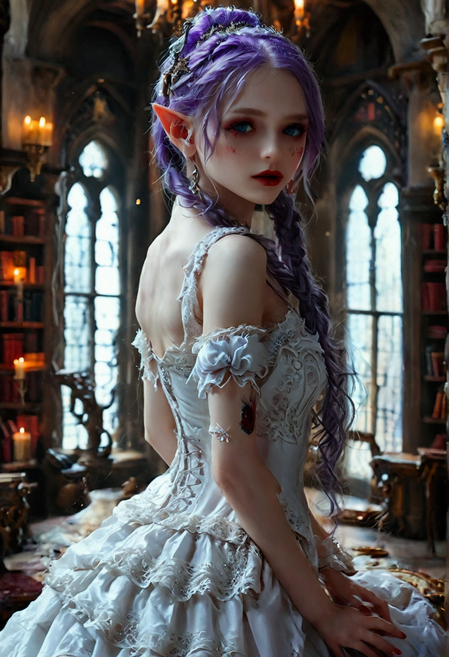 arafed a picture of elf vampire in her castle. an exquisite beautiful female elf vampire (ultra details, Masterpiece, best quality), full body, ((anatomically correct: 1.5) bloody mouth, purple hair, pale skin, hair in a ponytail, long hair, blue eyes, (small pointed ears: 1.2), cold eyes, smirking, wearing white dress (ultra details, Masterpiece, best quality), red cloak, wearing high heels, in dark fantasy library, book shelves, vibrant, Ultra-high resolution, High Contrast, (masterpiece:1.5), highest quality, Best aesthetics), best details, best quality, highres, ultra wide angle, 16k, [ultra detailed], masterpiece, best quality, (extremely detailed) RAW, dark fantasy art, gothic art, wearing Haute_Couture designer dress, Dark Novel, Dark Art Painting Style, dripping blood, hud_s1n, short black dress, long sleeves, veil, thighhighs, digital painting