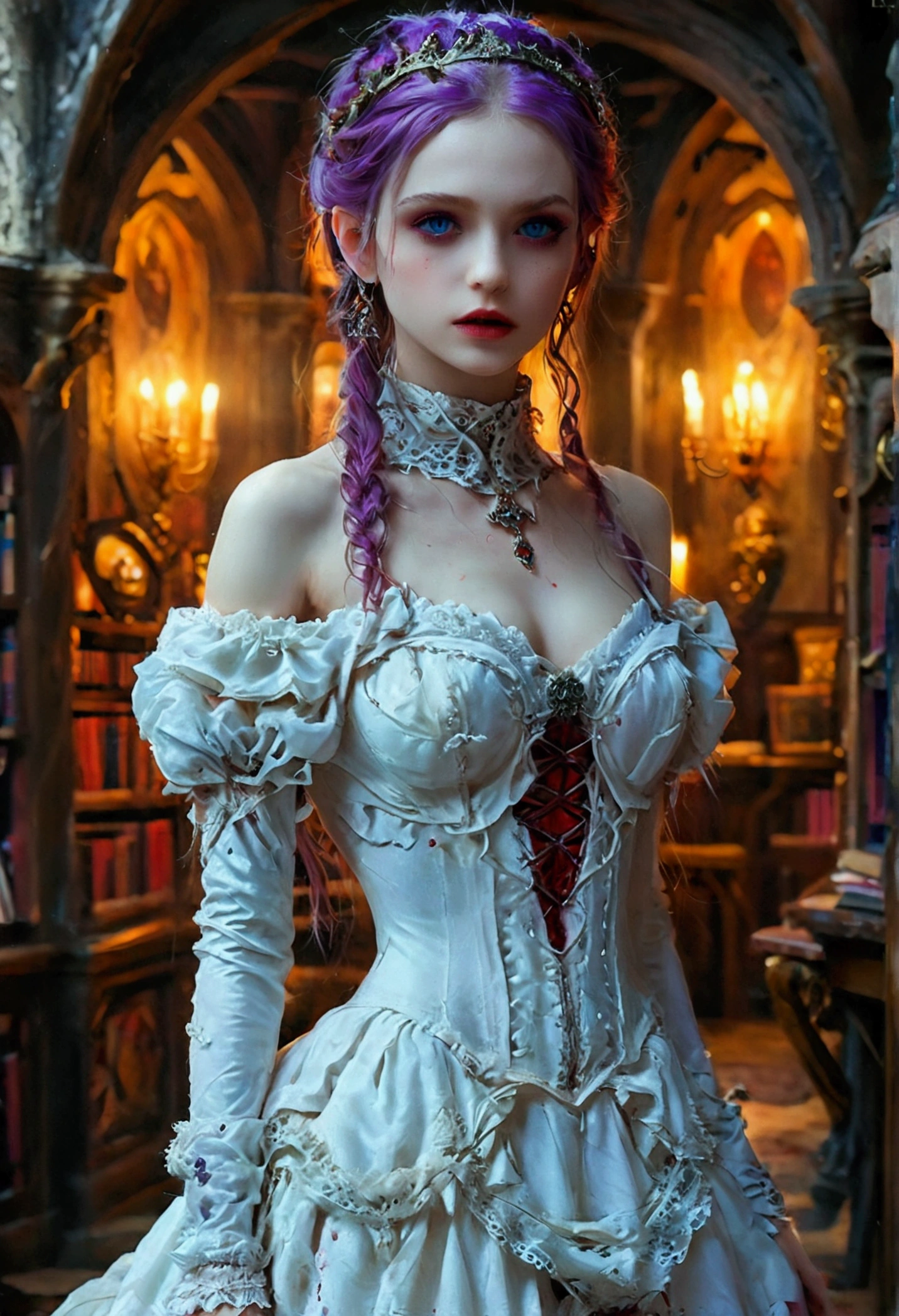 arafed a picture of elf vampire in her castle. an exquisite beautiful female elf vampire (ultra details, Masterpiece, best quality), full body, ((anatomically correct: 1.5) bloody mouth, purple hair, pale skin, hair in a ponytail, long hair, blue eyes, (small pointed ears: 1.2), cold eyes, smirking, wearing white dress (ultra details, Masterpiece, best quality), red cloak, wearing high heels, in dark fantasy library, book shelves, vibrant, Ultra-high resolution, High Contrast, (masterpiece:1.5), highest quality, Best aesthetics), best details, best quality, highres, ultra wide angle, 16k, [ultra detailed], masterpiece, best quality, (extremely detailed) RAW, dark fantasy art, gothic art, wearing Haute_Couture designer dress, Dark Novel, Dark Art Painting Style, dripping blood, hud_s1n, short black dress, long sleeves, veil, thighhighs, digital painting