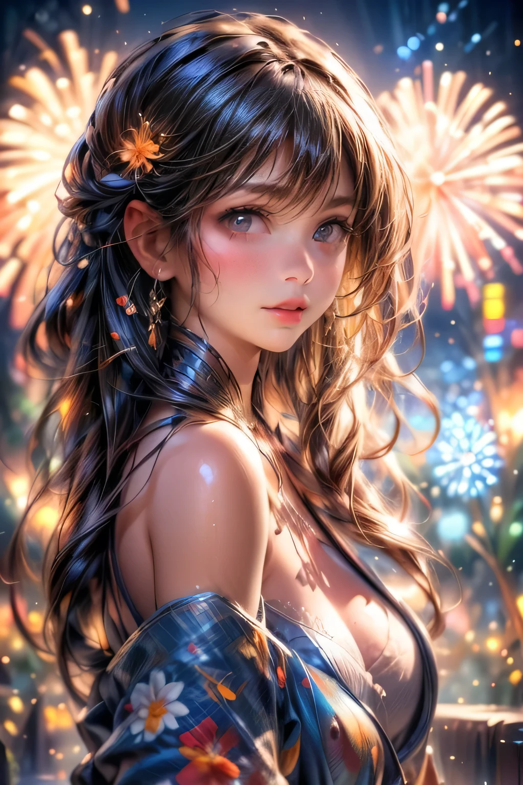 middle breasts, a cute girl in a pretty yukata, bare shoulders, strapless, bright eyes, sparkling pupils, beautiful detailed eyes, beautiful detailed lips, extremely detailed face, long , awe and wonder expression, a cute drawstring bag, large burst of willow fireworks in the summer night sky, (best quality,4k,8k, highres, masterpiece: 1.2), ultra-detailed, (realistic, photorealistic, photo-realistic: 1.37), studio lighting, vivid colors, bokeh, 