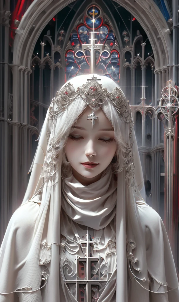 《goddess》, Gothic Style, pale colour、pastel colour, Highly detailed illustration, Ultra-high definition images, Gorgeous costume details, Complex clothing, (cathedral:1.6)(Beautiful and clear background:1.4), (Transparent eye mask:1.1), (scarf:1.3),Long Hair, High resolution, smile, Medieval dress、Virgin Mary