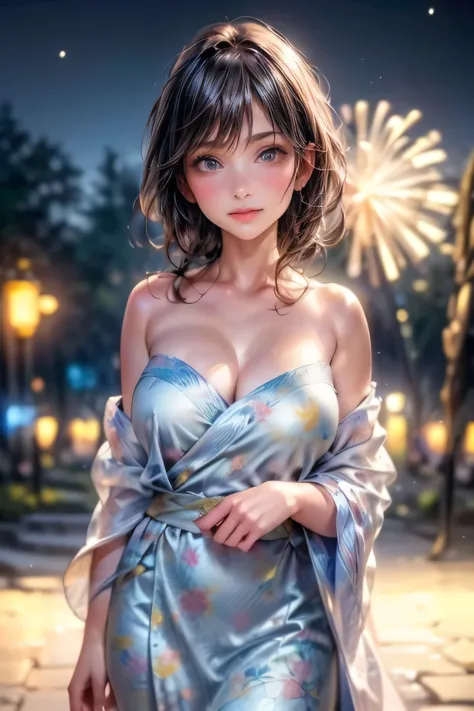 middle breasts, a cute girl in a pretty yukata, bare shoulders, strapless, bright eyes, sparkling pupils, beautiful detailed eye...