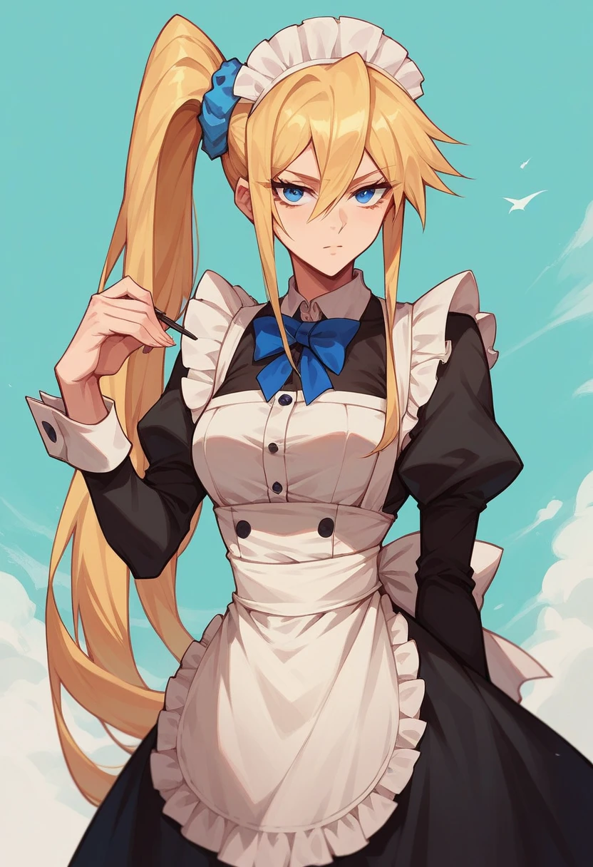 One Girl, alone, Highschool, blue eyes, Blonde, Side Ponytail, Blue Scrunchie、Maid&#39;s Headdress, Black vest, White shirt, Long sleeve, White Ascot, Waist apron, Expressionless , During pregnancy女性、,、slim, Huge breasts 、During pregnancy:0.4、Handjob