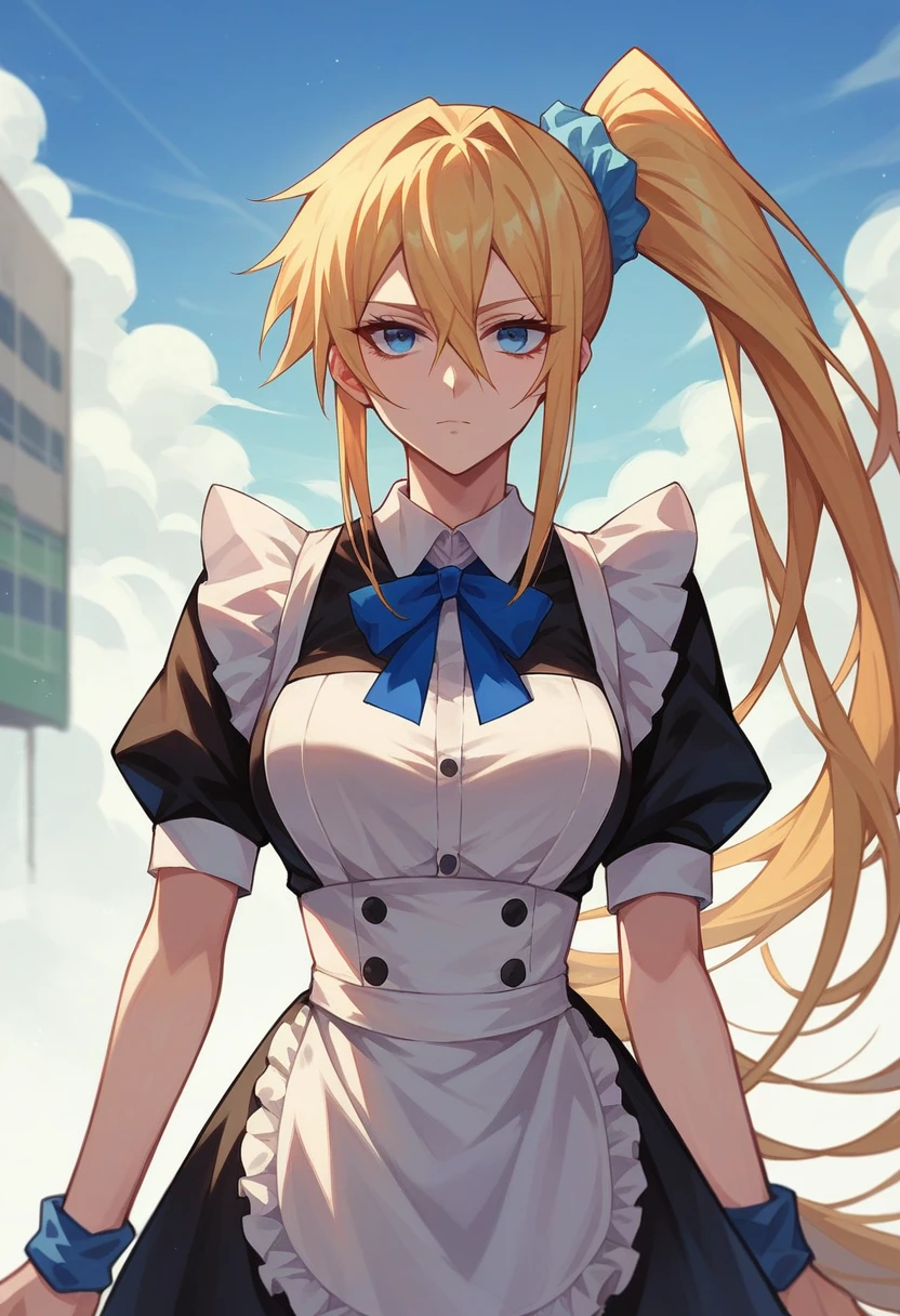 One Girl, alone, Highschool, blue eyes, Blonde, Side Ponytail, Blue Scrunchie、Maid&#39;s Headdress, Black vest, White shirt, Long sleeve, White Ascot, Waist apron, Expressionless , During pregnancy女性、,、slim, Huge breasts 、During pregnancy:0.4、Handjob