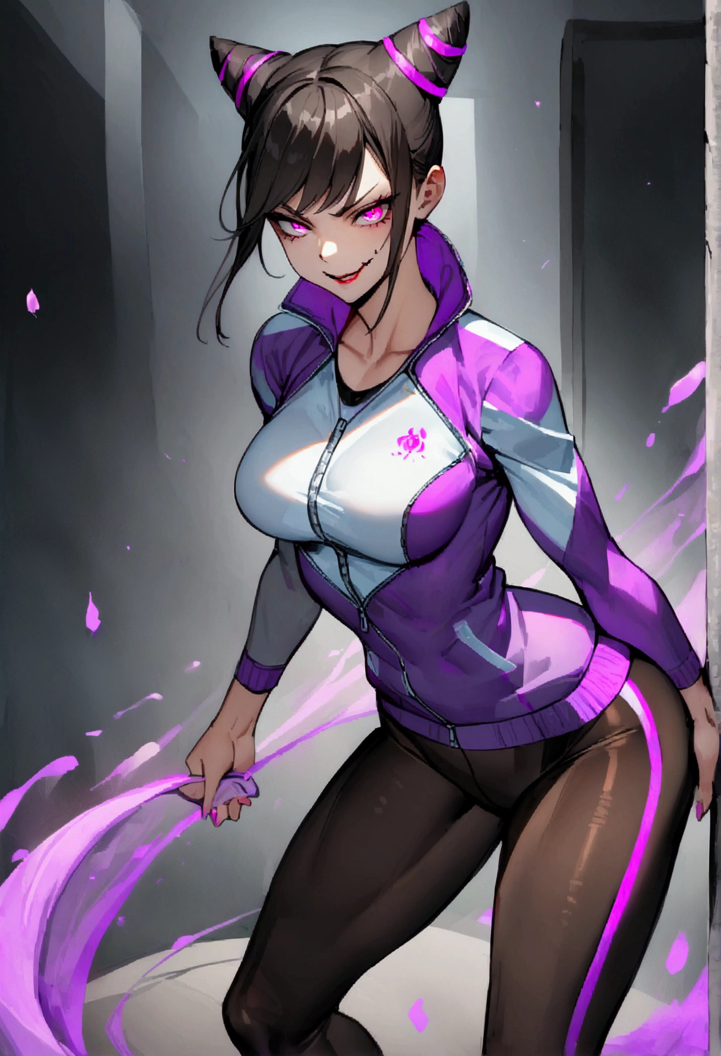 beautiful young fitness woman with , in a gym wearing May with black pantyhose, tight white and purple gym jacket. standing alone,hair horns,glowing purple eyes,Evil smile,legging,short branco
