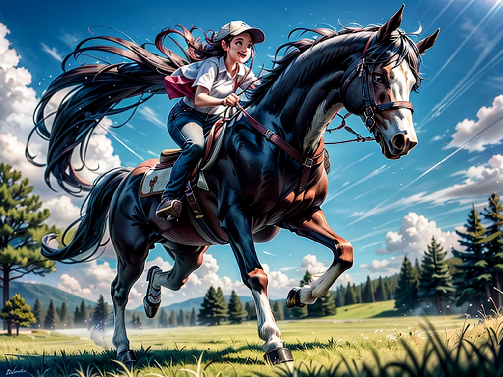 huge fat draft horse. Running cheerfully in grass meadow , contemporary art, Photorealistic , Very high resolution artwork , 8K ,  pine forest, bright blue sky. BBW Black african  rider.