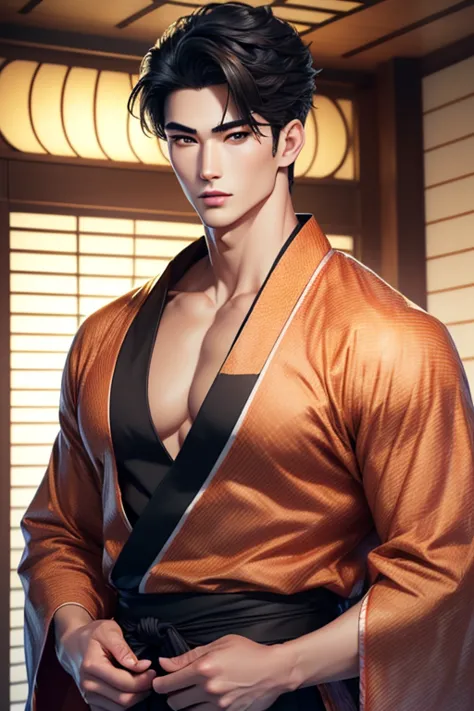 close-up handsome very japanese younger males,muscle,super and highly detailes,very 8k japanese summer kimonos with japanese pri...