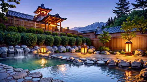 A spectacular view from the inn、Summer Japanese traditional hot spring,  Dim Light, detailed, Realistic, ((masterpiece)), Hot st...