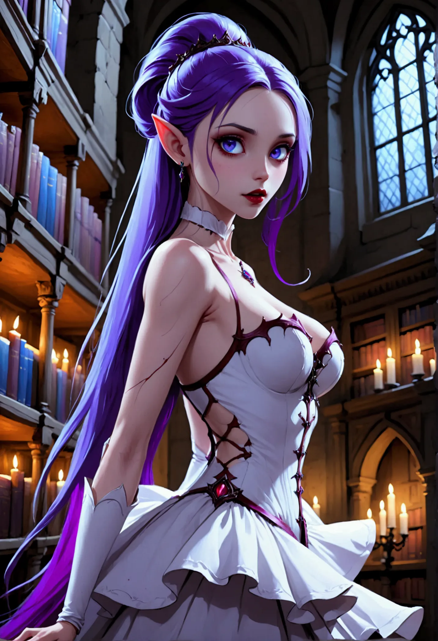 arafed a picture of elf vampire in her castle. an exquisite beautiful female elf vampire (ultra details, masterpiece, best quali...