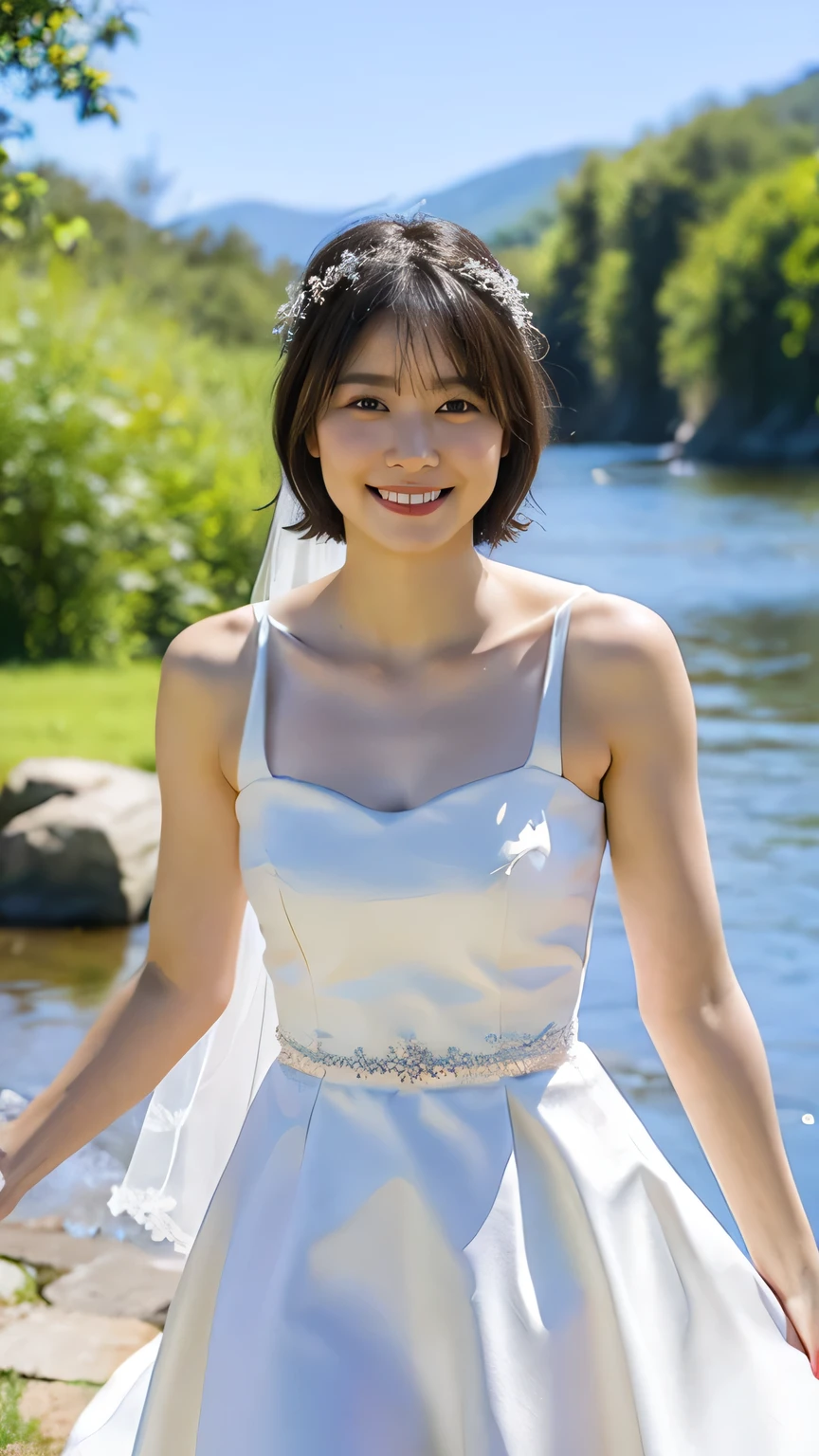 (8k、RAW Photos、Highest quality、masterpiece:1.2)、(Realistic、Realistic)、1 girl、((Wedding dress、Chapel、Short Bob、View from the front、smile、Look at the camera and smile、stand))、cute、Small breasts