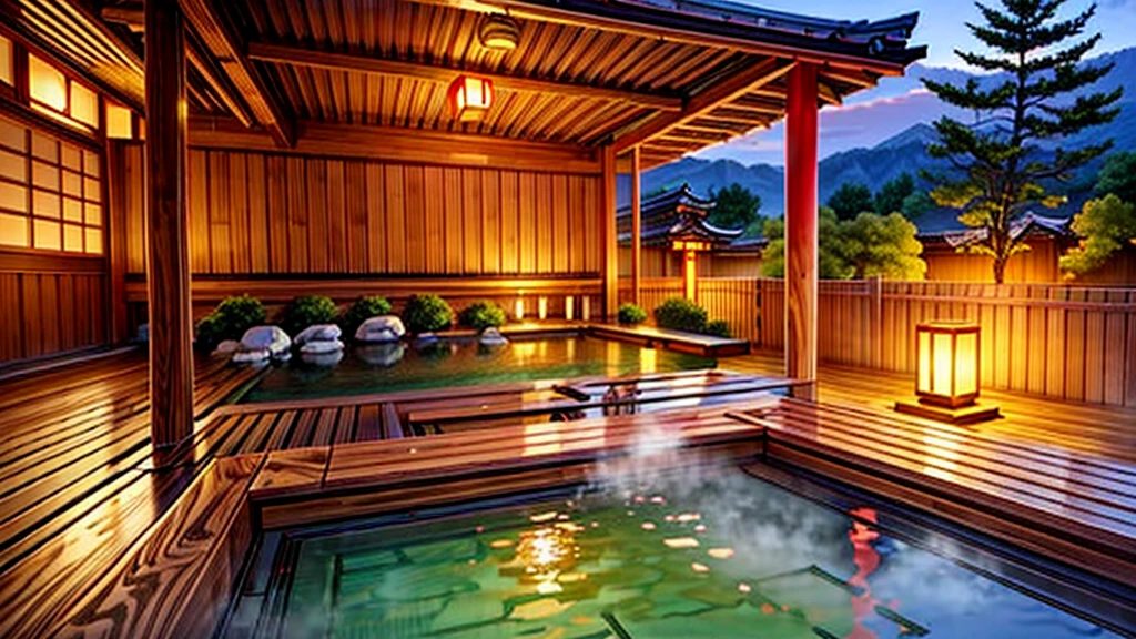 Uma vista espetacular dos quartos de estilo japonês de um ryokan、Fonte termal tradicional japonesa de verão,  ((obra de arte)), Vapor quente, Balde de madeira, floresta, bambu, iluminação suave, (obra de arte:1.2), (mais alta qualidade)