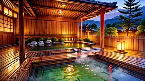A spectacular view from the Japanese-style rooms of a ryokan、Summer Japanese traditional hot spring,  ((masterpiece)), Hot steam...