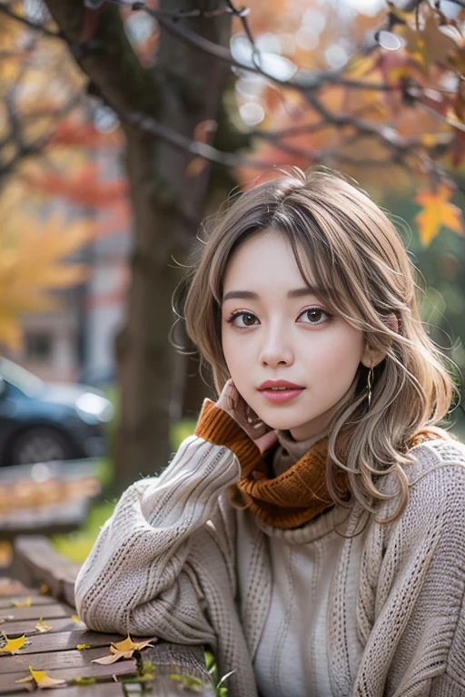 sitting on a park bench、(RAW shooting), (((Overall image)))、３５age、((Red sweater with high neck))、White scarf around neck、Long thin earrings、Round eyes、Cheek on ear、correct、make、smile、Biting the lower lip、（((Close one eye and wink)))、Soft lips、誘惑的なsmile、Sparkle、Darker lipstick、Cheek on nose、(Autumn leaves)、((Watery eyes))、Asymmetrical Hair、Real Skin、Blonde Hair、Very realistic,Gray Hair、Messy Hair、Hair behind the ear、Floating Hair、Short Hair、Boyish Hair、Blunt bangs、Drop Shadow、Hyperrealism、Contemporary Art、shine、reflected light、Ultra Wide Angle、16K、Super detailed、最high quality、uhd、Anatomically correct、Awards、最high quality、Ultra high detail、high quality、High resolution、Textured skin、correct、masterpiece、((Cold Pose：1))、(((Shoot from different distances and angles:1.5)))、Super close-up of the face