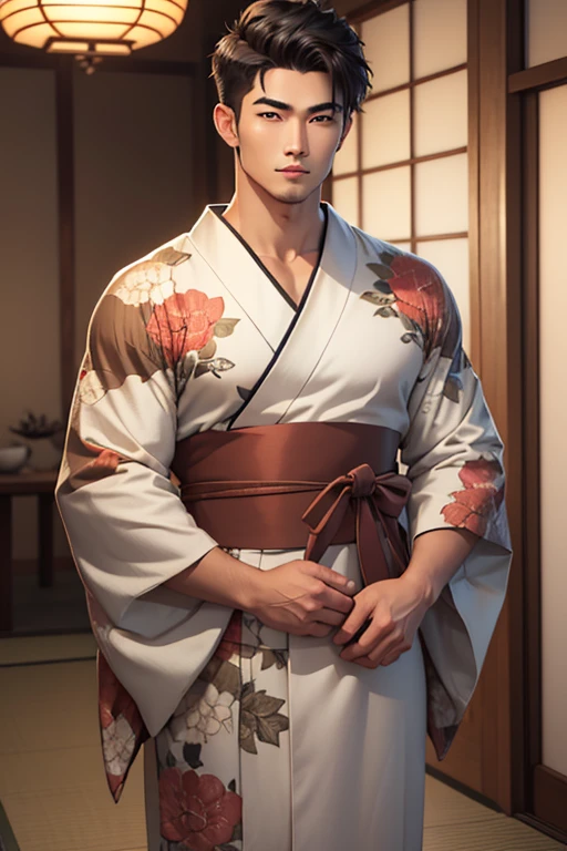 Close-up handsome very Japanese younger males,muscle,super and highly detailes,very 8k Japanese male  summer kimonos with Japanese prints patterns((absurdres, highres, ultra detailed)handsome, tall muscular Anime young man Japanese man full body figure kinda brawny muscular with black hair studious student likewithout glases in a very japanes male summer contemporary kimono yukata looking at the camera anime semi realiatic with different strking handsome features looks appearances that are moulded sculpted sculptured chiseled sharp angled angular broad high cheekbones full square jawed large almond shaped eyes light hazel amber or honey colors more round roundish eyed barely shoulder length wavy hair dark in a very Japanese Tokyo home almost male model like roundish oval like face medium darkish brown  color shortwavy hair