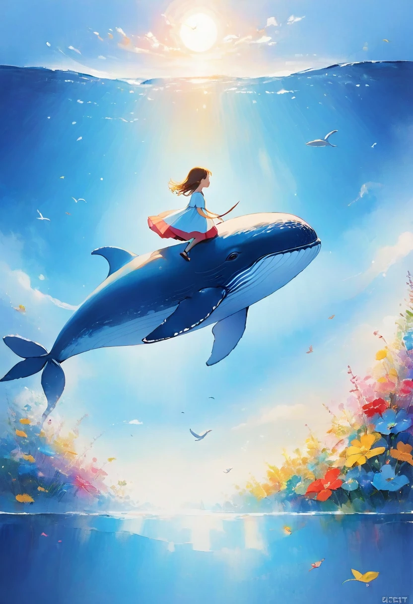 Highest quality:1.2、masterpiece:1.2、(((Blue whale blowing water)))、(((Solo Whale)))、(((Blue whale flying in the sky)))、Above the Clouds、There is no sea、Blue sky、White sun、A blue whale swimming slowly、Above the Cloudsを泳ぐクジラ、no gravityのクジラ、no gravity、